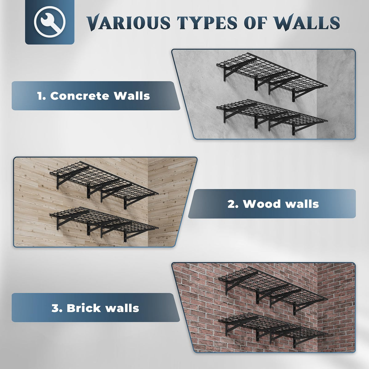 Jusgym wall-mounted shelves setup demonstrates clean, space-saving garage organization