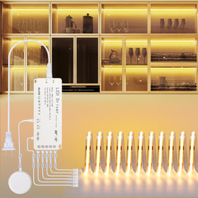 JUSJUBR LED Shelf Lights on a shelf provide even illumination