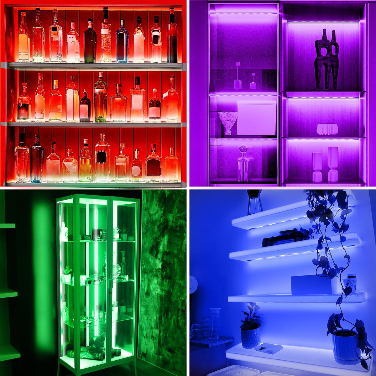 JUSJUBR RGB shelf lights illuminate liquor cabinets with atmospheric depth.