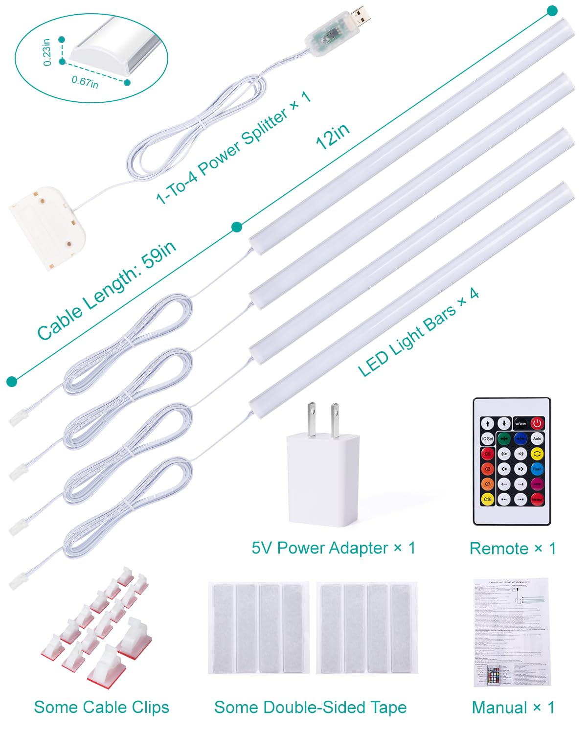 JUSJUBR RGB shelf lights mount easily with double-sided tape without drilling.