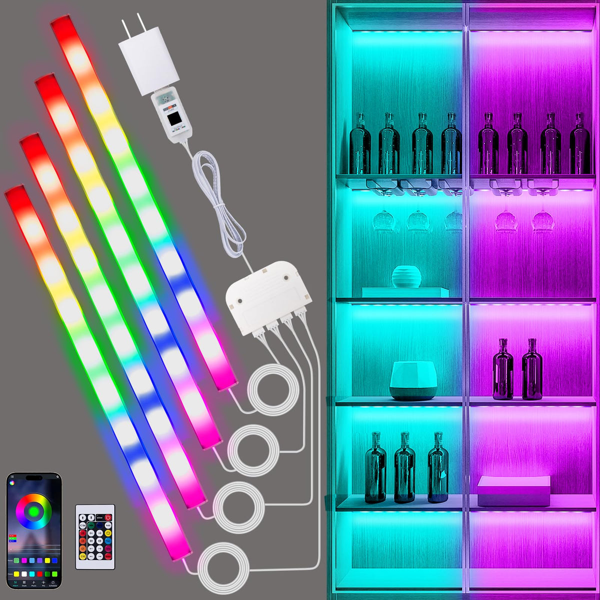 JUSJUBR RGB shelf lights illuminate cabinetry with soft ambient glow.