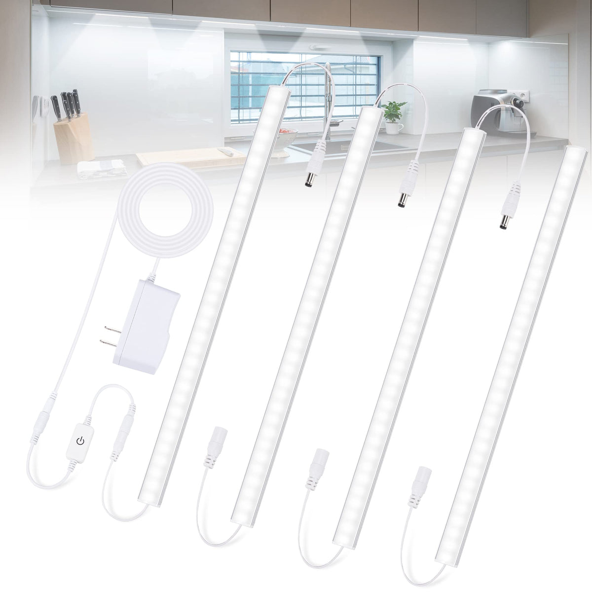JUSJUBR under-cabinet LED light bars being installed in a kitchen setup