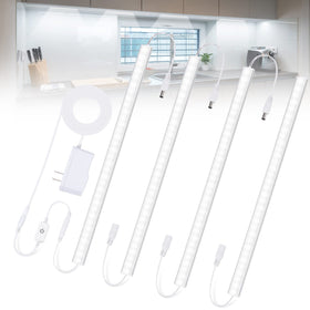 JUSJUBR under-cabinet LED light bars being installed in a kitchen setup