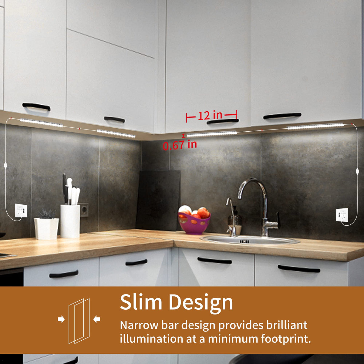 JUSJUBR slim-profile 12-inch light bar blends discreetly under cabinets.