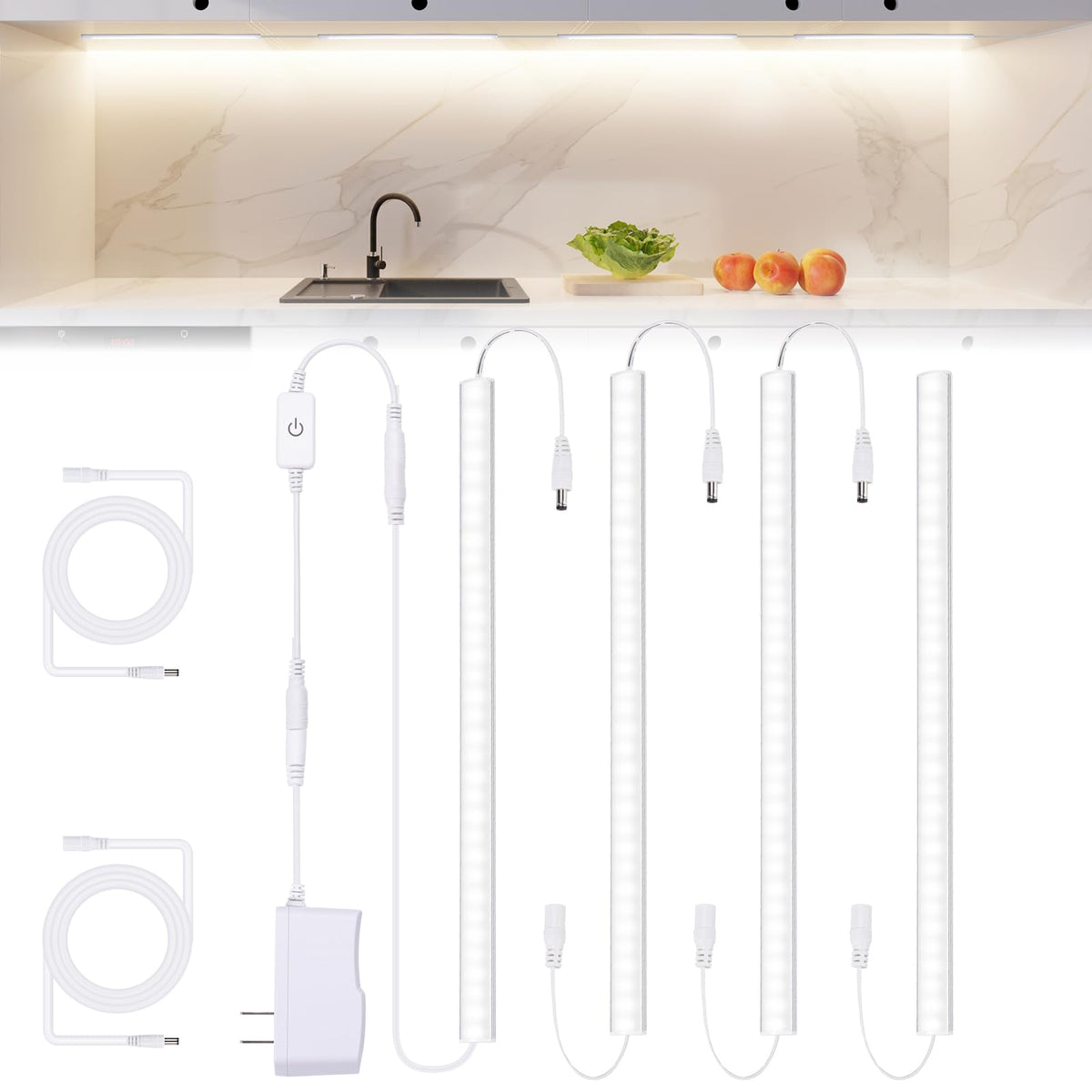 JUSJUBR under-cabinet lights 4-pack 12-inch glow for hidden, even kitchen lighting.