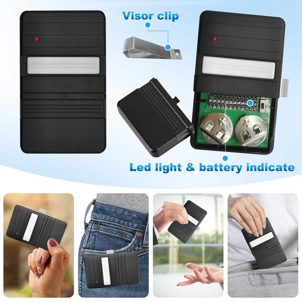 JUSTHILLUP GT90-1 remote battery compartment showing CR2032 compatibility.
