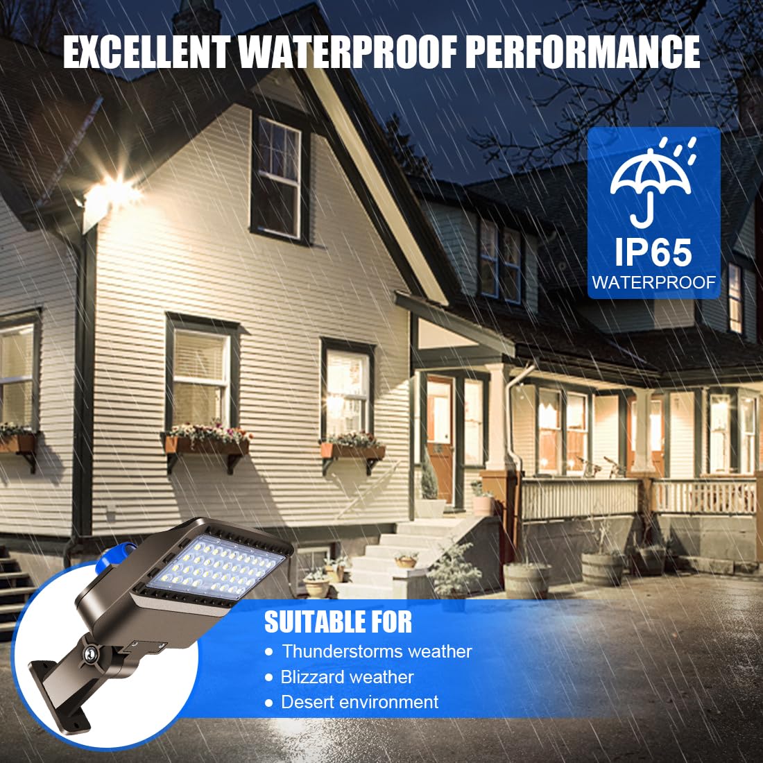 Juyace IP65-rated flood light withstands rain and dust for reliable outdoor performance.
