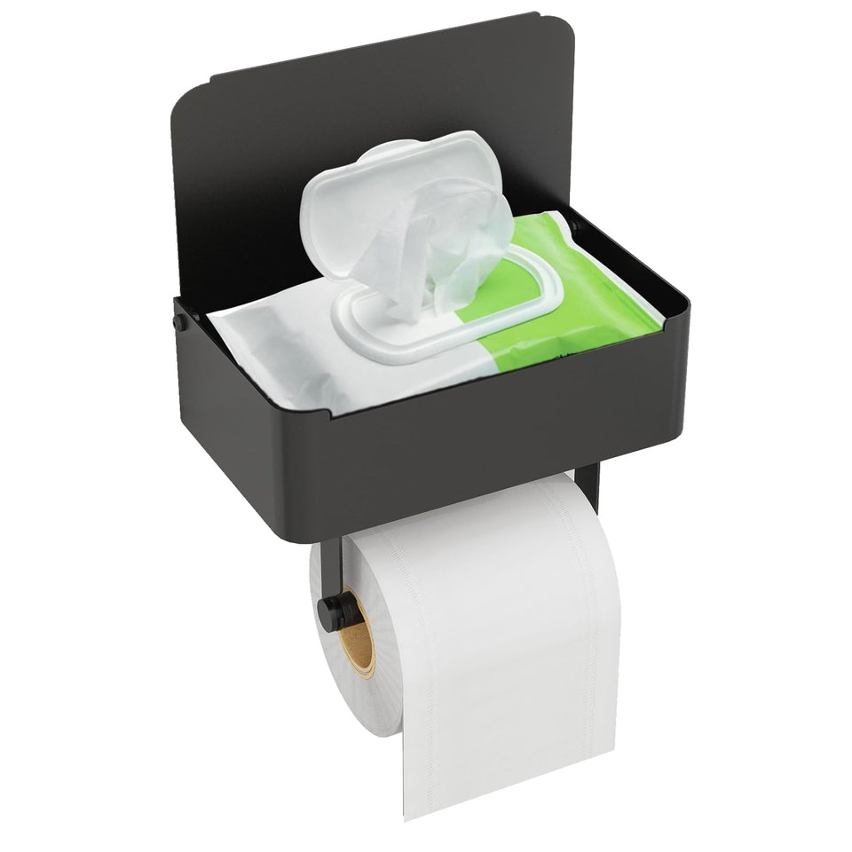 JUYSON toilet paper holder with shelf in matte black keeps essentials neatly hidden