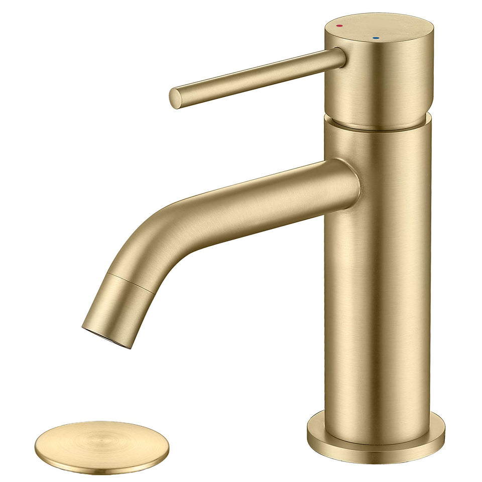 JXMMP brushed gold bathroom faucet front view demonstrates elegant single-hole design.