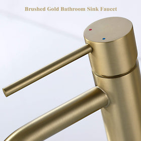 JXMMP brushed gold faucet package includes drain and supply hoses.