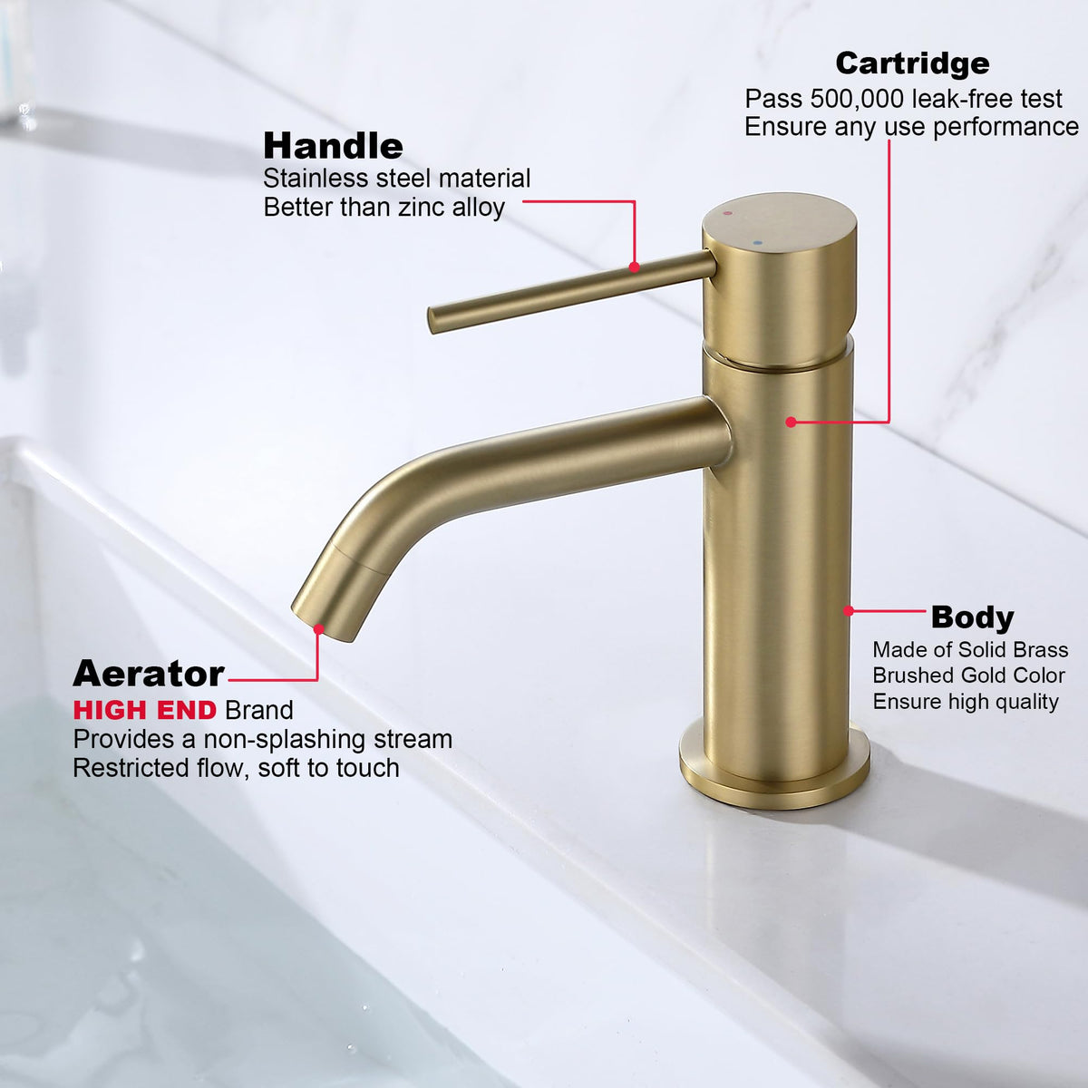 JXMMP brushed gold faucet with pop-up drain for convenient sink maintenance.