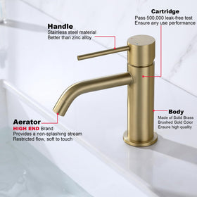 JXMMP brushed gold faucet with pop-up drain for convenient sink maintenance.