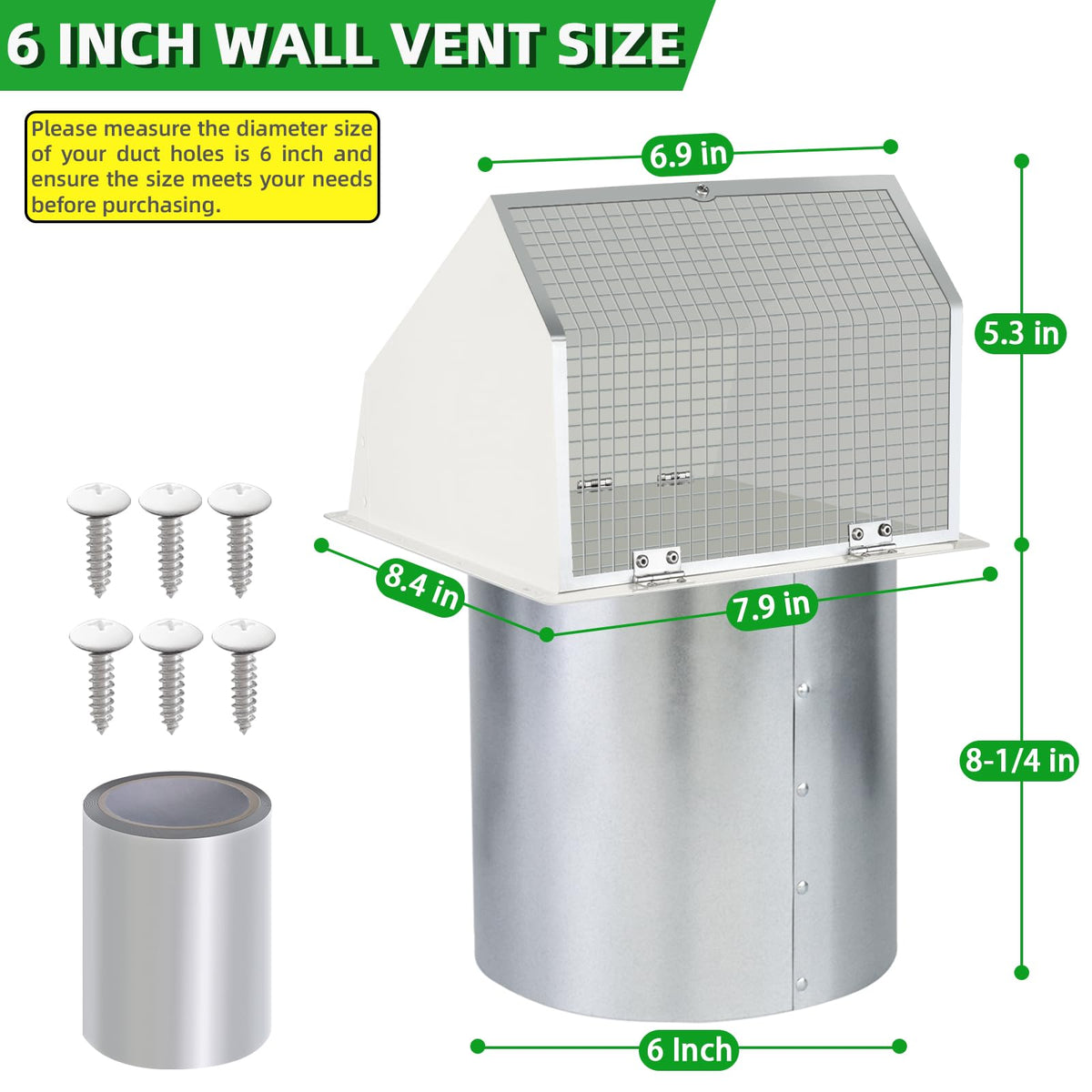 JYINCPED 6-inch dryer vent cover exterior with backdraft damper system.