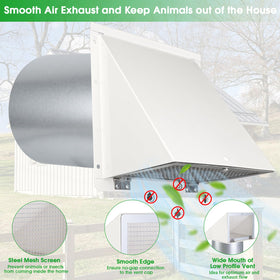 Mesh screen and damper prevent debris and backdraft in ducts.