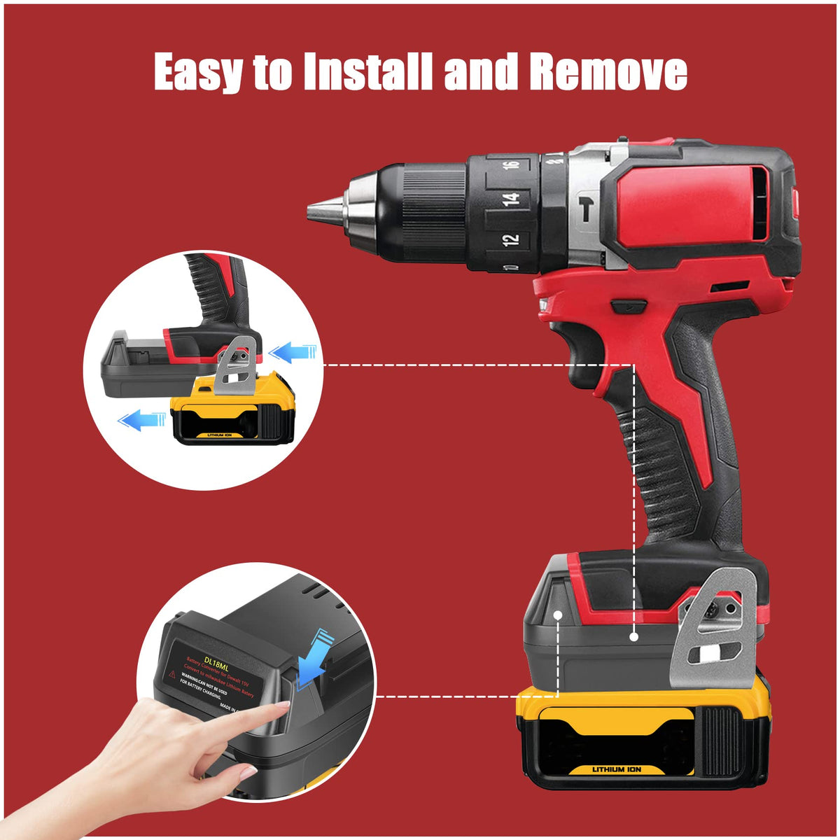 JYJZPB adapter top-connection shows Milwaukee M18 interface for battery swap.