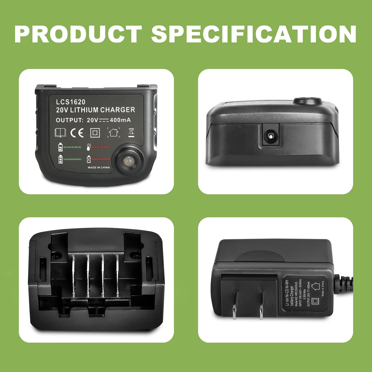 JYJZPB LCS1620 battery charger LED indicator shows charging and full status.