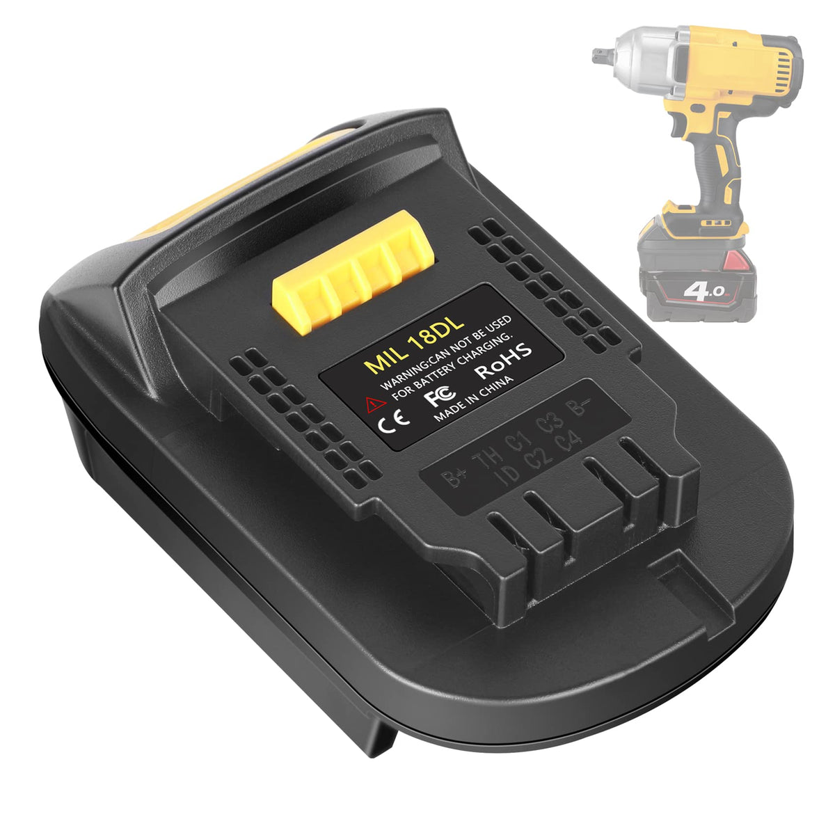 JYJZPB MIL18DL adapter connected between Milwaukee and DeWalt components for cross-brand power.