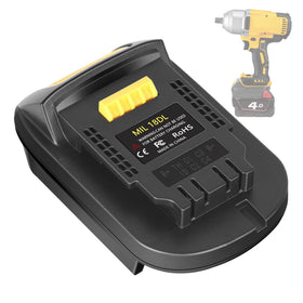 JYJZPB MIL18DL adapter connected between Milwaukee and DeWalt components for cross-brand power.