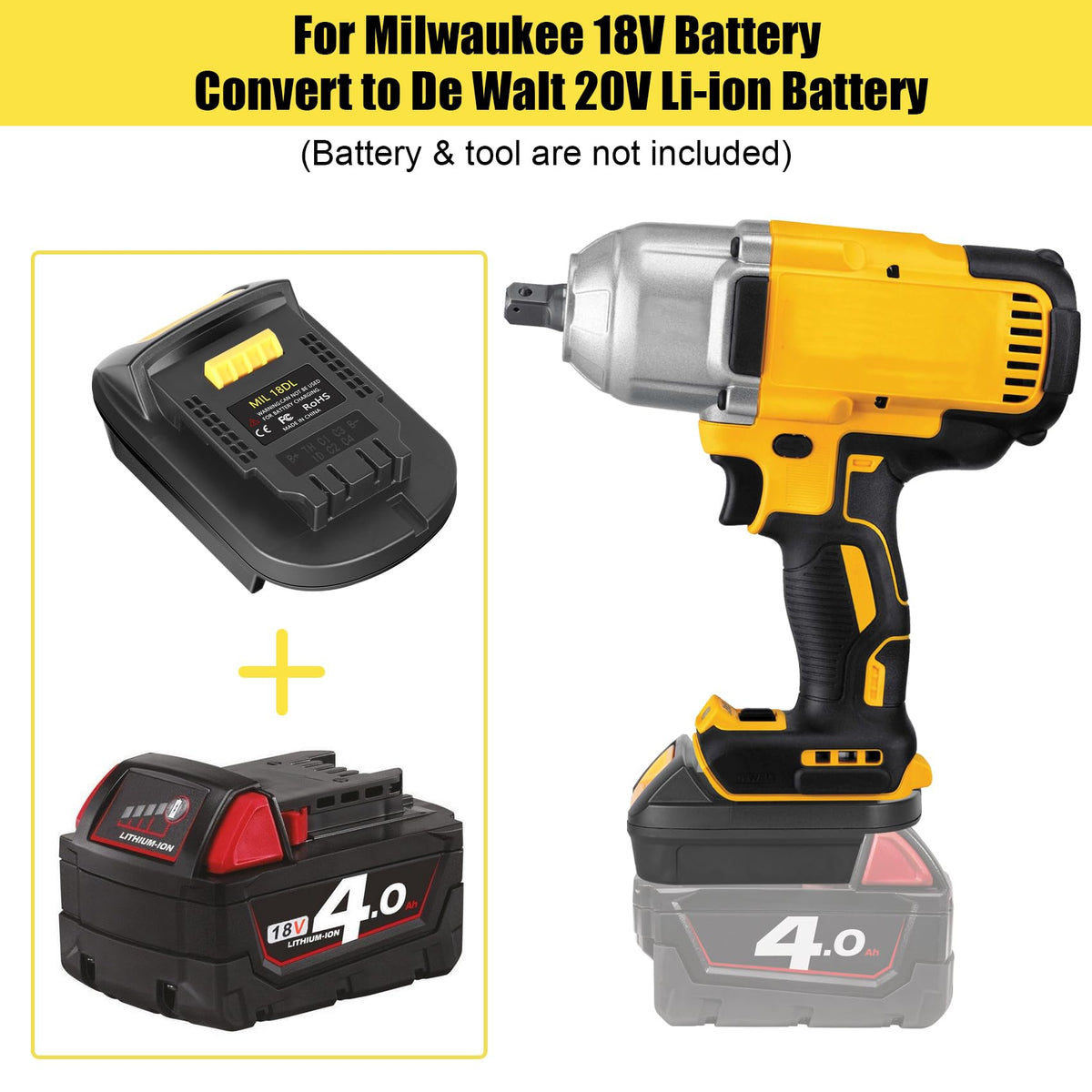 JYJZPB MIL18DL paired with Milwaukee 18V battery ready to power DeWalt tools.
