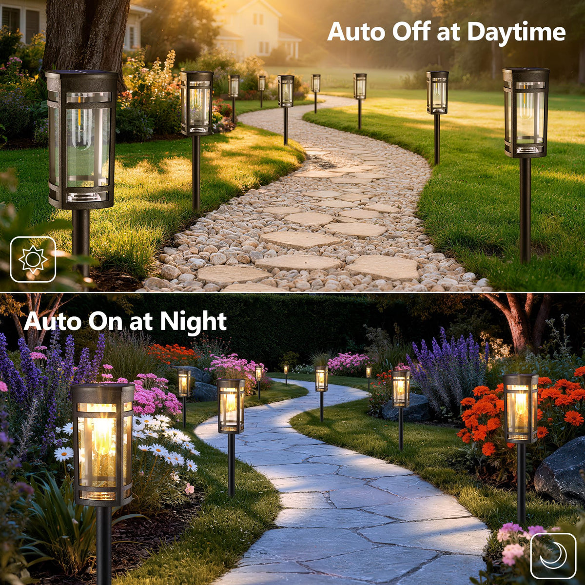 Jyoiat solar pathway lights lining a walkway beside shrubs at night
