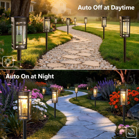 Jyoiat solar pathway lights lining a walkway beside shrubs at night