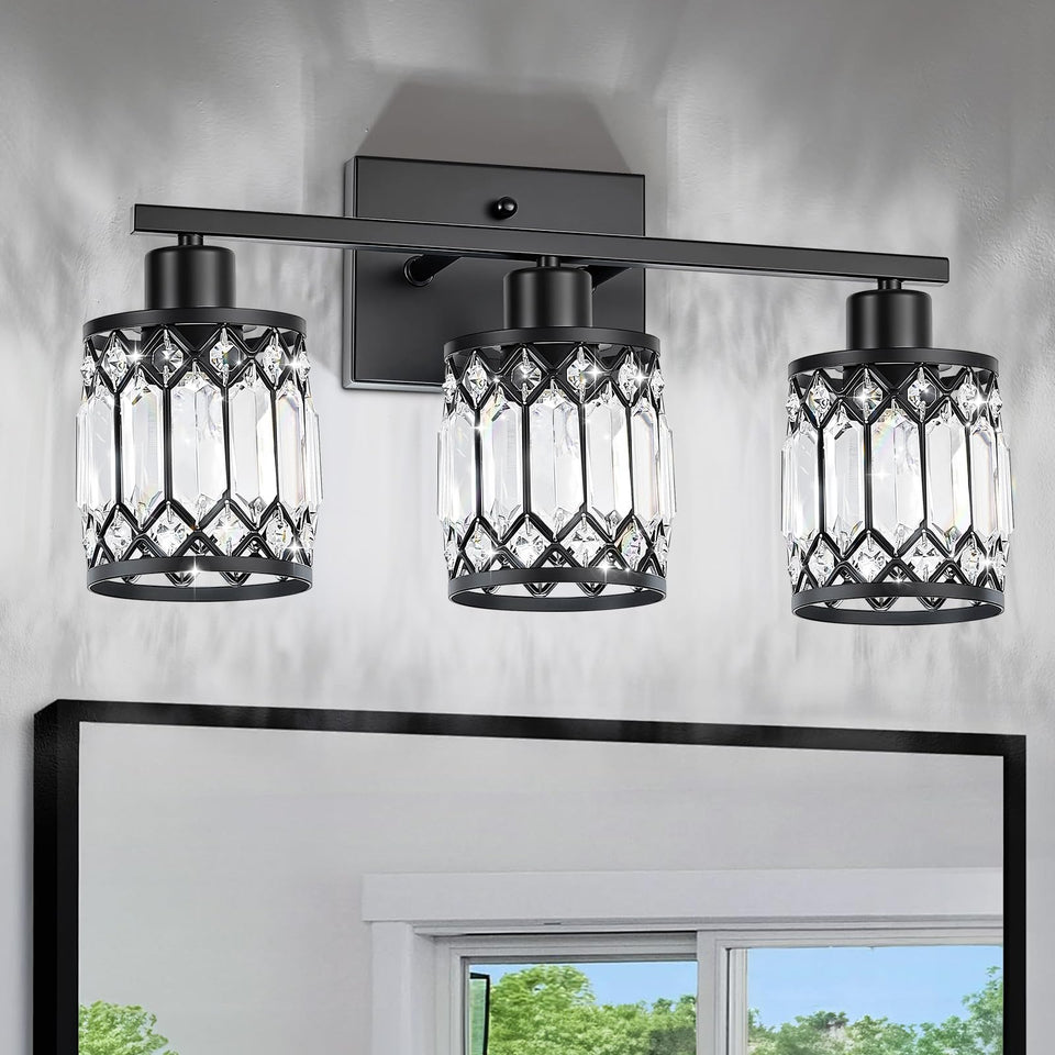 JZEKVN crystal 3-light vanity fixture in black finish for warm bathroom illumination