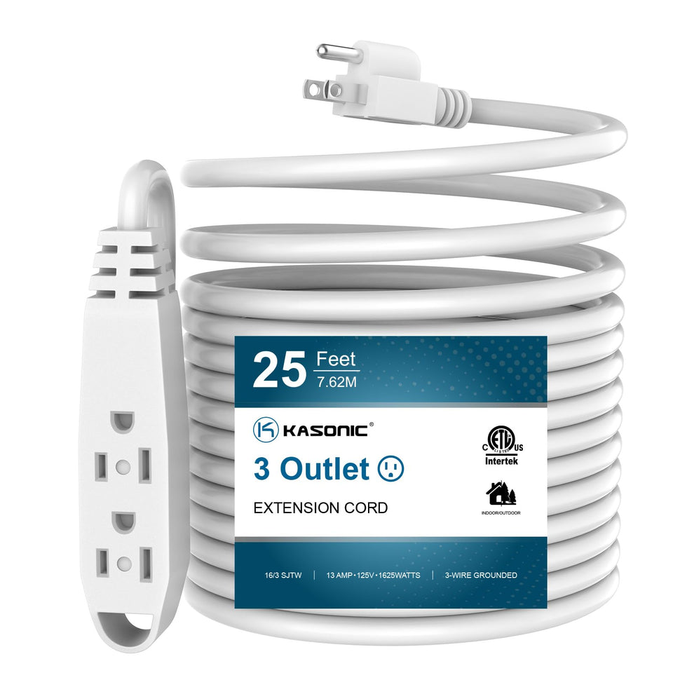 K KASONIC 25-foot extension cord with three outlets for powering multiple devices.