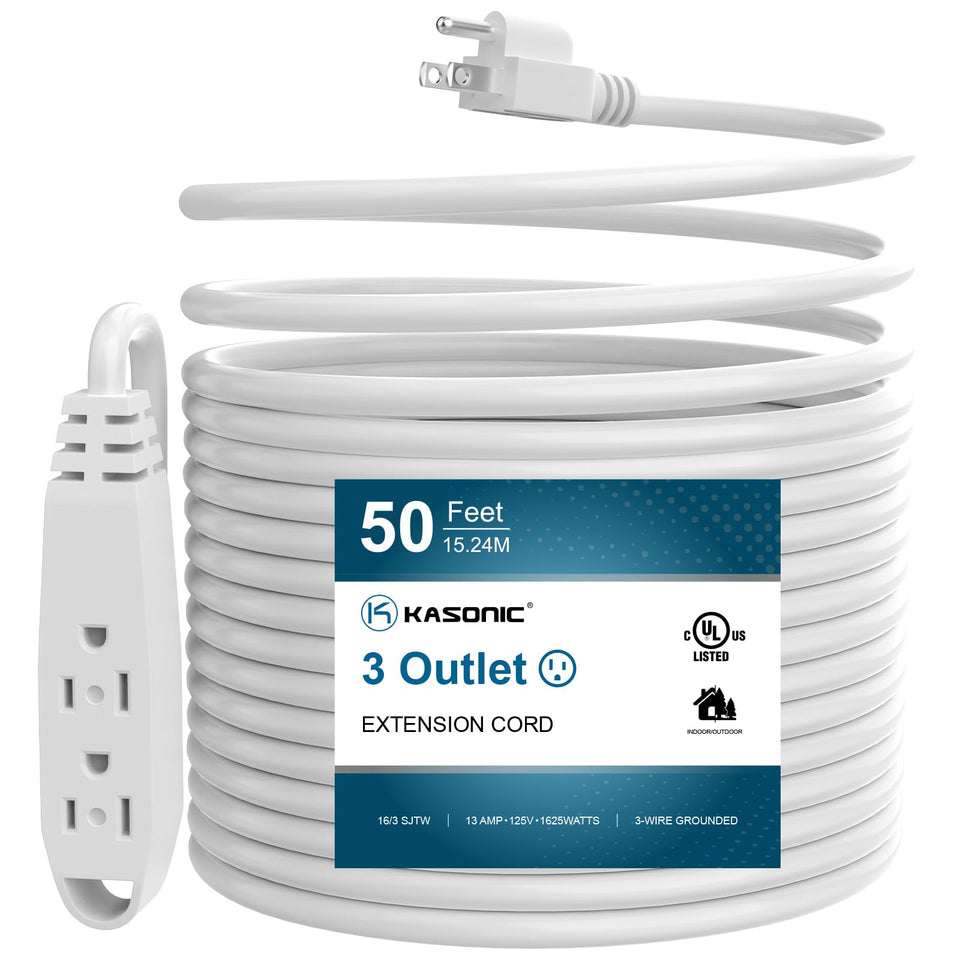 K KASONIC 50ft extension cord with three outlets for yard and workshop tasks.