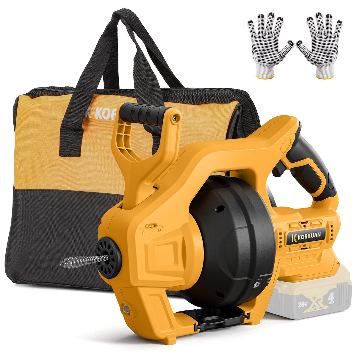 K KORKUAN cordless drain auger shows DeWalt 20V compatibility for on-the-go unclogging.