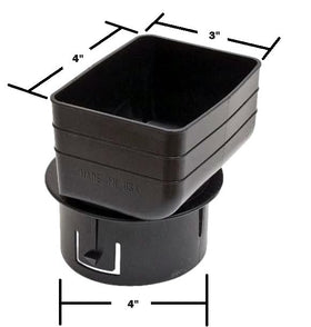 K-TEC Downspout Adapter in black demonstrates universal fit for 4-inch round pipes and a durable design.