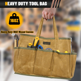 Khaki Kaaltisy tool tote side view for easy transport.