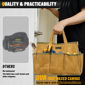 Multi-purpose tote for gardening and workshop tools.