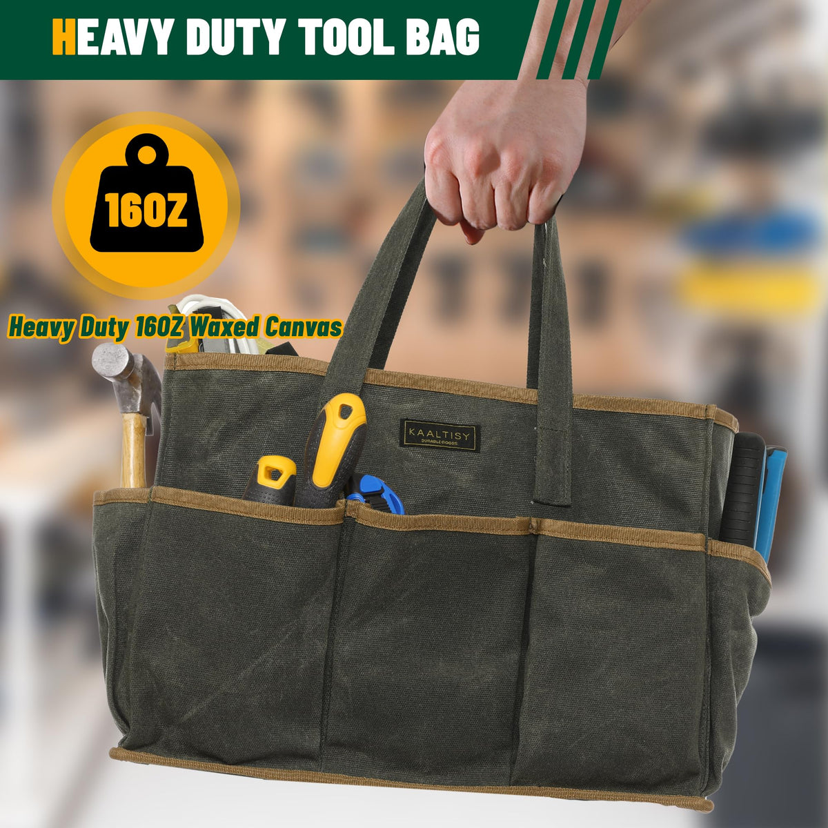 Kaaltisy Tote Bag exterior pockets enable fast tool retrieval during tasks