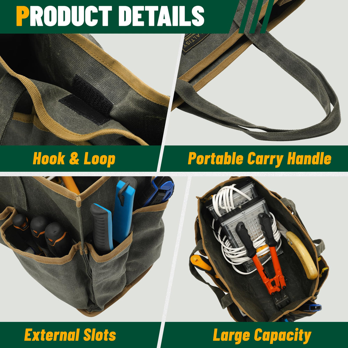 Kaaltisy Tool Tote Bag main compartment holds mid-size tools for quick packing