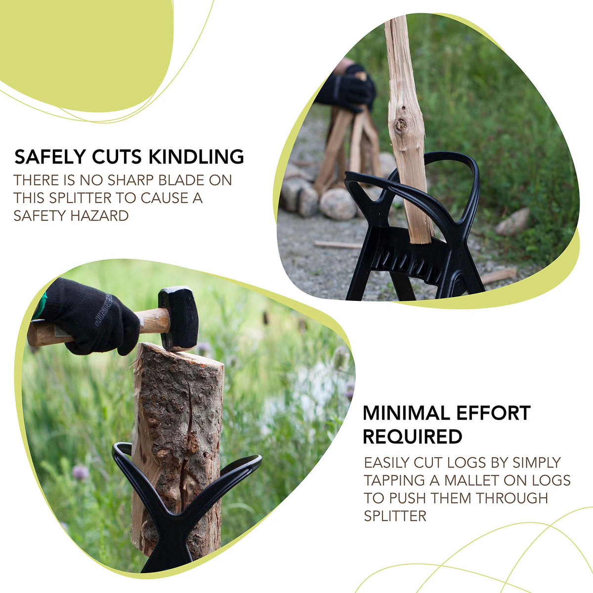 KABIN Kindle Quick Log Splitter angled teeth prevent jams and ease splitting.