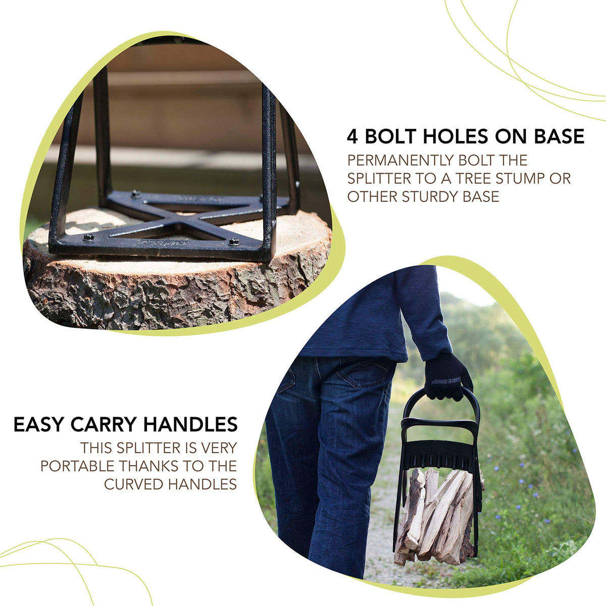 KABIN Kindle Quick Log Splitter base with attachment holes offers stability.