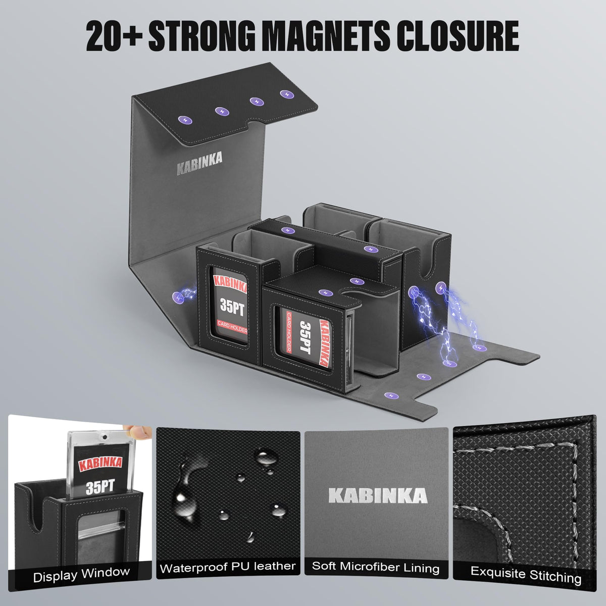 Kabinka 35pt magnetic card holders organizing cards during games.