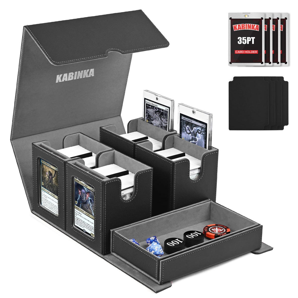 Kabinka card deck box with four cases open for modular play and transport.