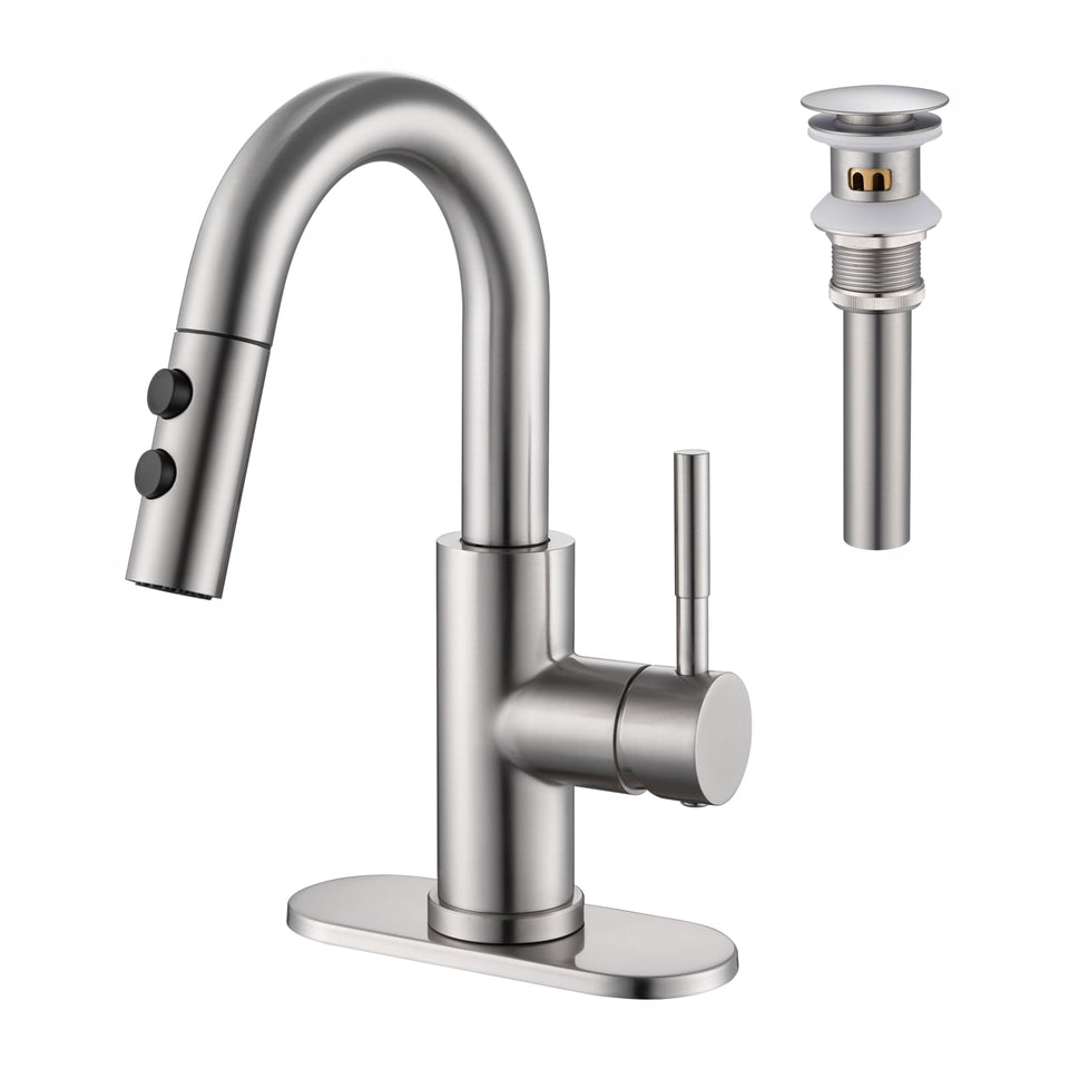 Kablle bathroom faucet pull-down sprayer in brushed nickel for versatile cleaning.