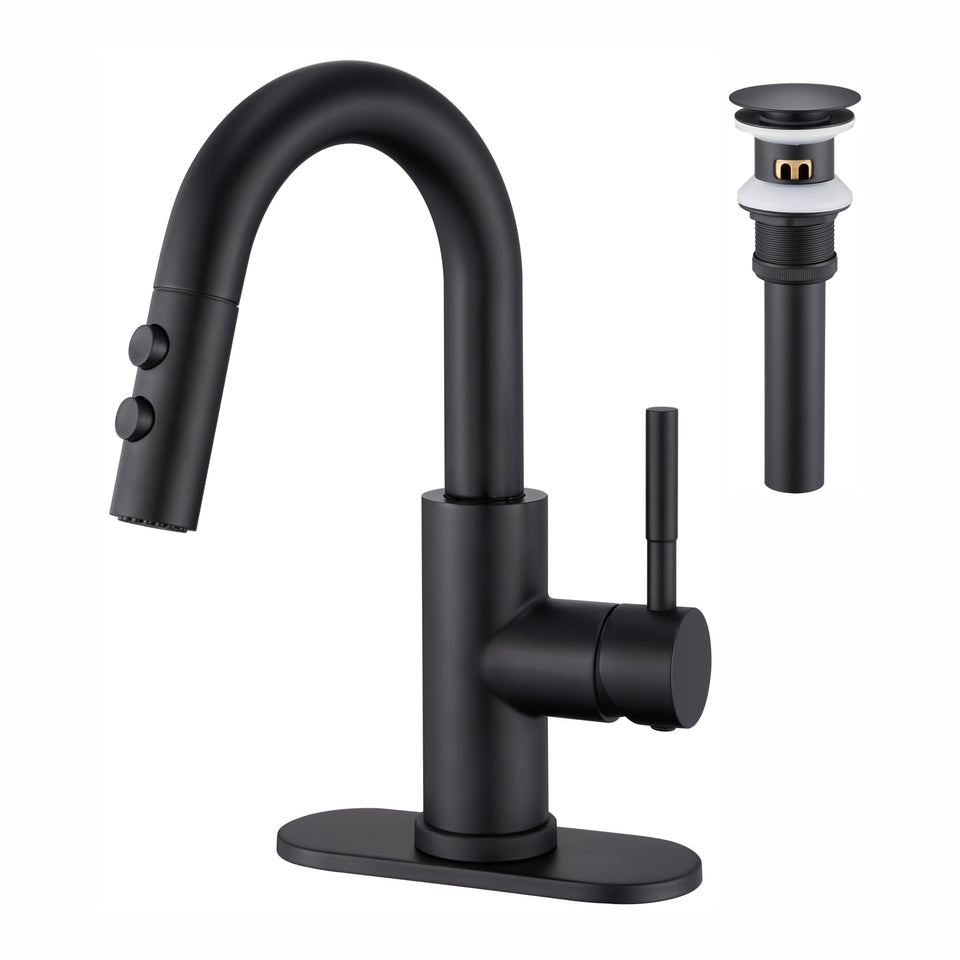 Kablle bathroom faucet with pull-down sprayer for precise sink cleaning.