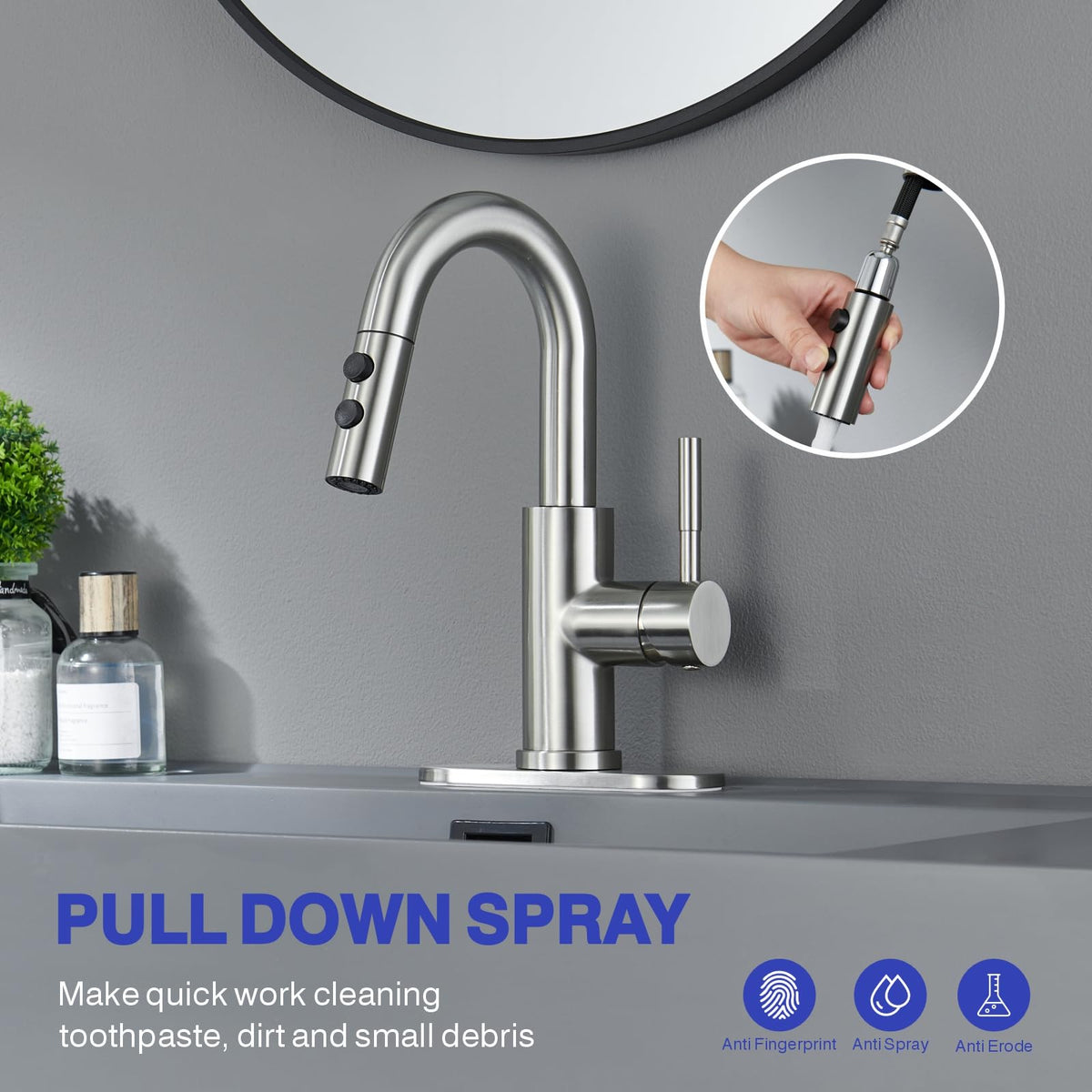 Kablle brushed-nickel faucet side profile shows modern durable design.