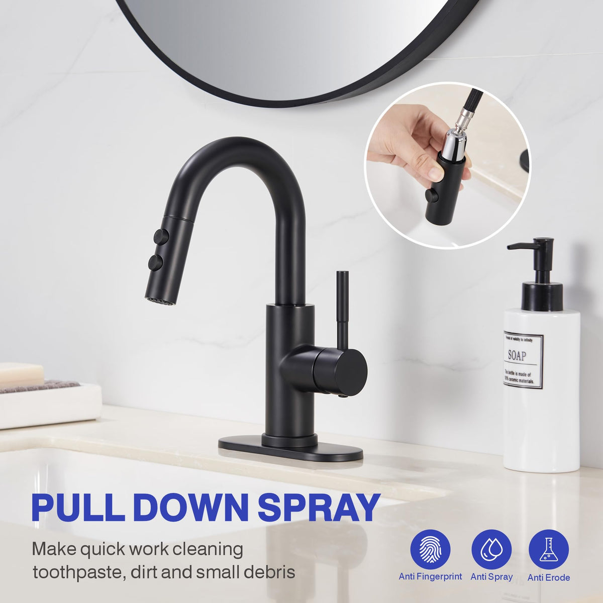 Kablle matte black faucet handle rotates 360 degrees for easy temperature control.