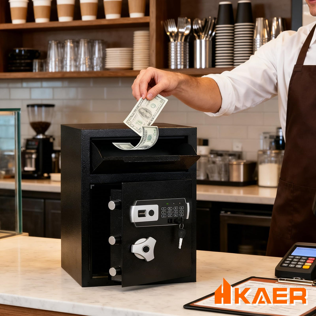 KAER depository anti-fishing panel close-up showing theft-resistant design for cash