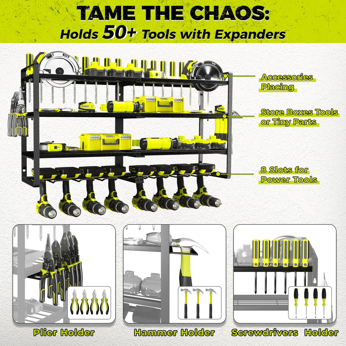 KAFAHOM bottom layer holds eight cordless drills securely.