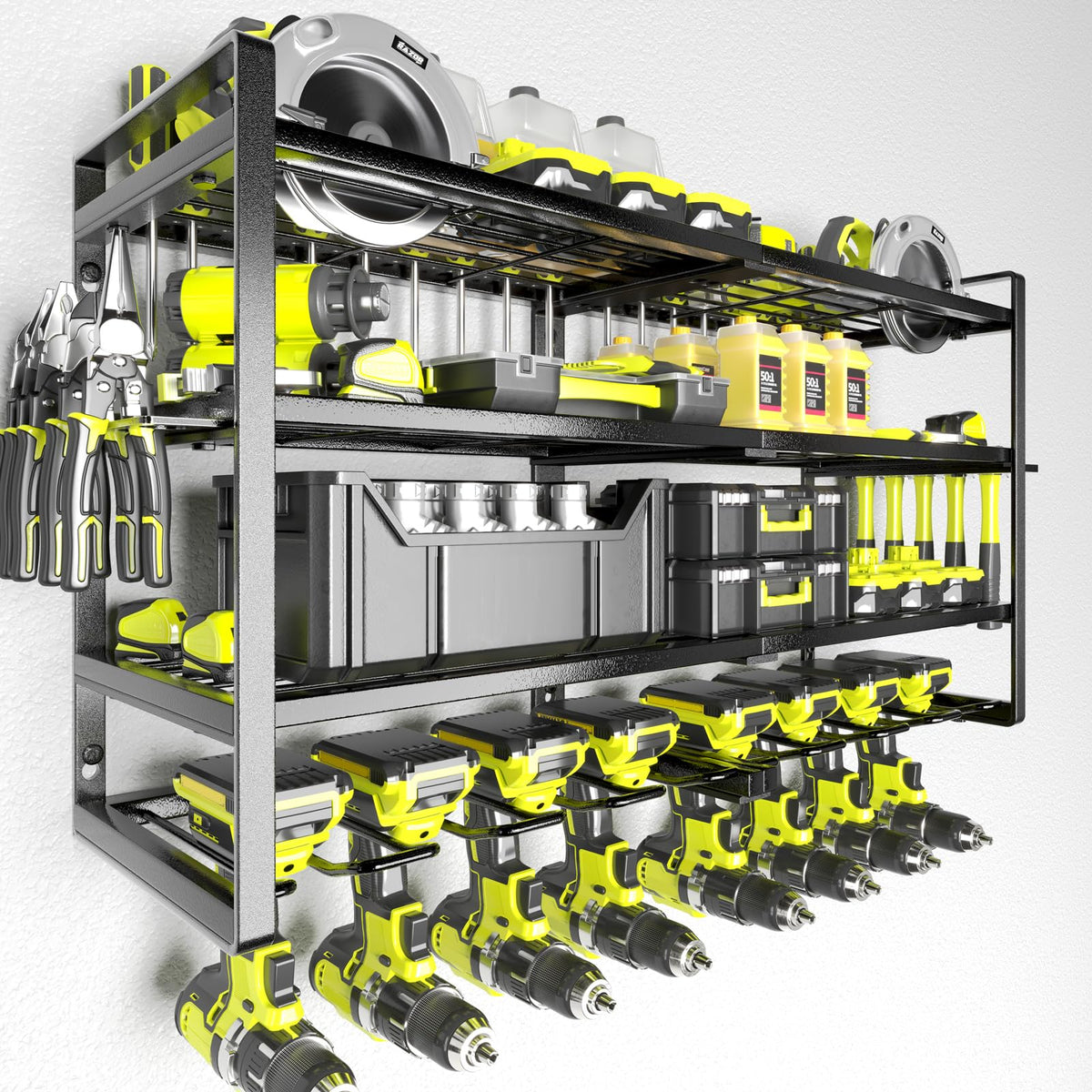 KAFAHOM four-tier wall-mount tool organizer for clutter-free garage.