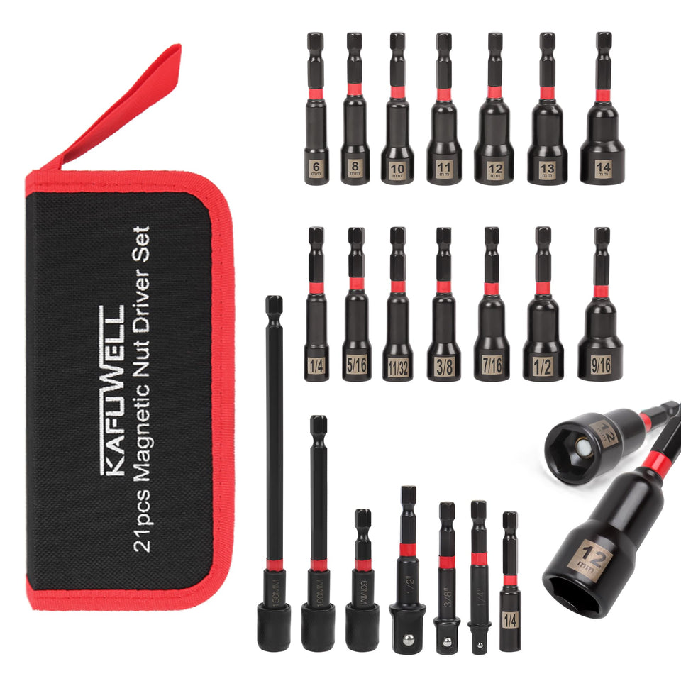 KAFUWELL 21-piece magnetic nut driver set displayed for versatile fastener work