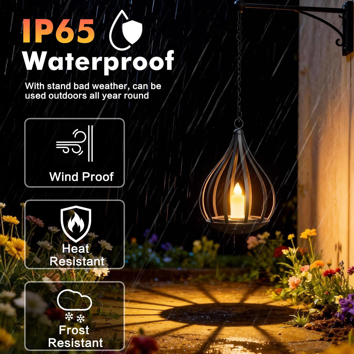 KagoLing lantern with flickering candle glow adds warm garden lighting.