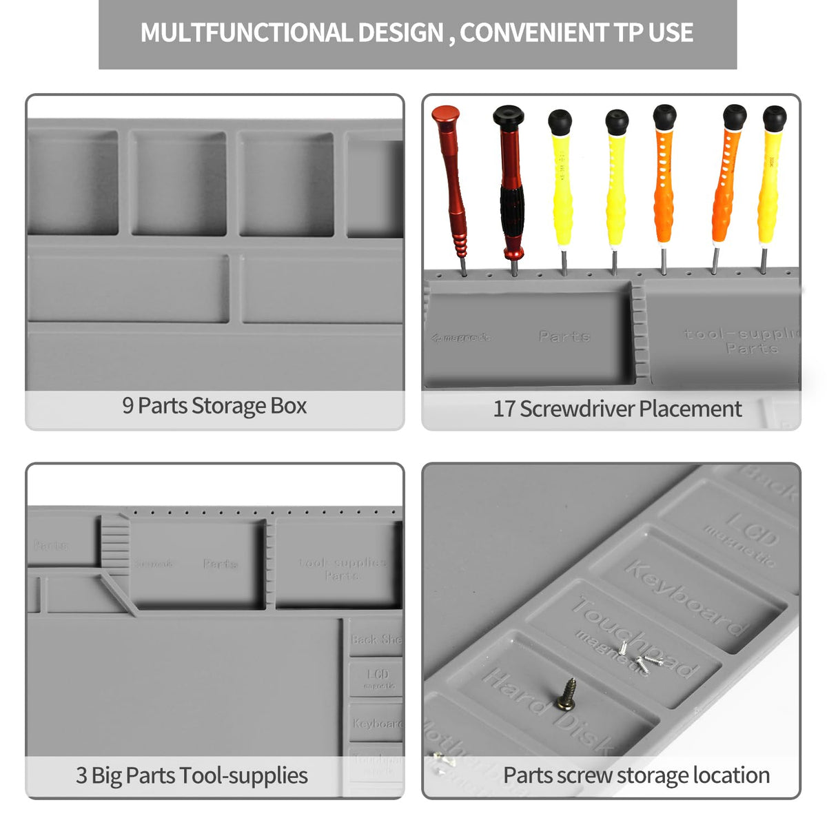 Kaisi mat includes 48 storage slots to organize tiny screws