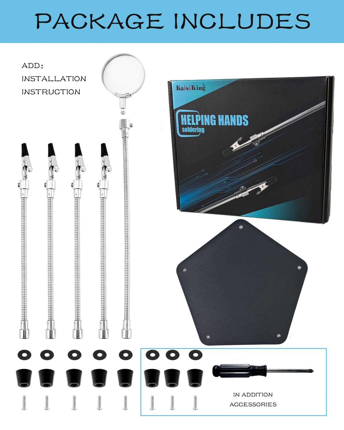 Kaisiking Helping Hands magnifying glass enlarges tiny details for precision.
