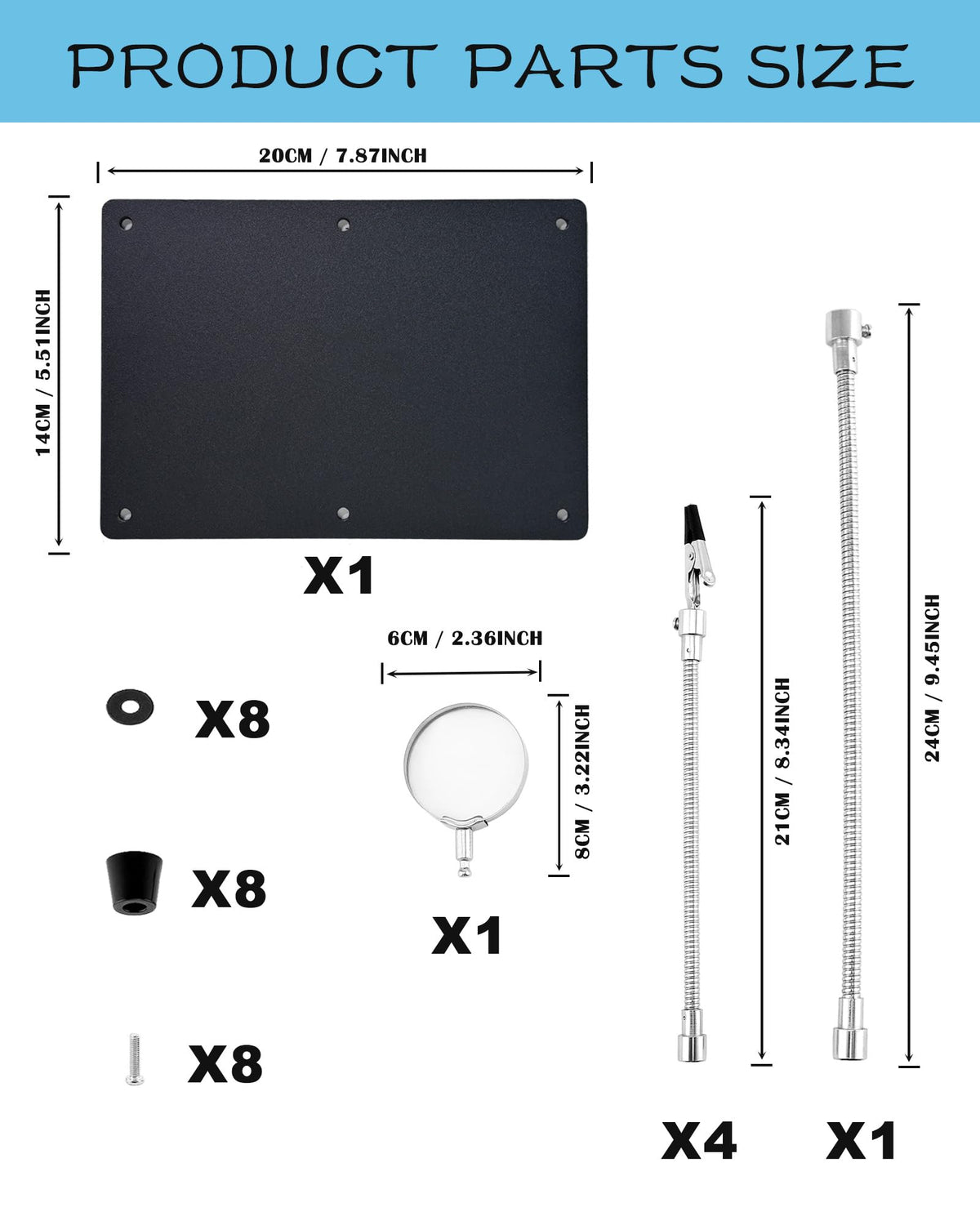 Kaisiking Helping Hands kit includes base, magnifier, arms, and clips for quick setup